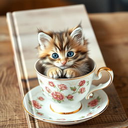 A charming book cover design featuring a raw photograph of an adorable, fluffy kitten nestled comfortably in a delicate teacup