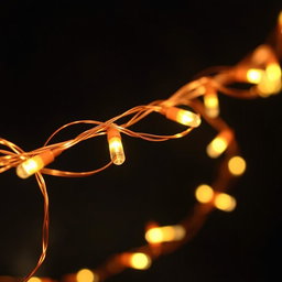 A collection of beautiful copper wire string lights glowing warmly against a dark background