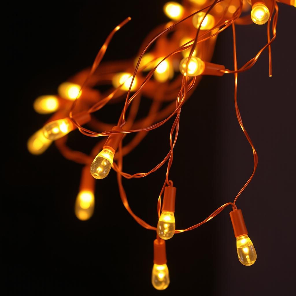 A collection of beautiful copper wire string lights glowing warmly against a dark background