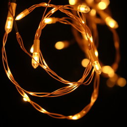 A collection of beautiful copper wire string lights glowing warmly against a dark background