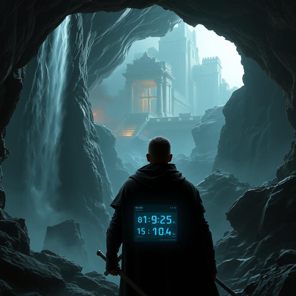 A dark, rocky cave system featuring the back of a man wearing a black cloak, holding two swords