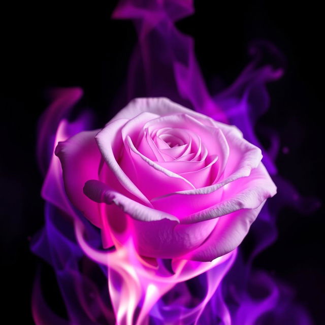 A captivating image of a full white rose enveloped in dark purple flames, showcasing the intricate details of the rose's petals contrasted against the dynamic and vivid purple fire