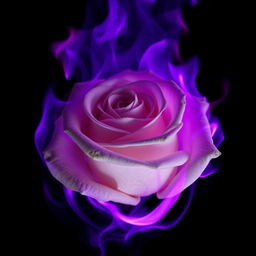 A captivating image of a full white rose enveloped in dark purple flames, showcasing the intricate details of the rose's petals contrasted against the dynamic and vivid purple fire