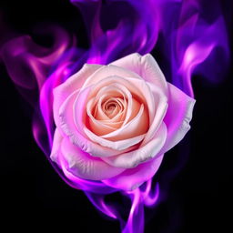 A captivating image of a full white rose enveloped in dark purple flames, showcasing the intricate details of the rose's petals contrasted against the dynamic and vivid purple fire