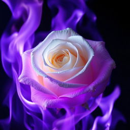 A captivating image of a full white rose enveloped in dark purple flames, showcasing the intricate details of the rose's petals contrasted against the dynamic and vivid purple fire