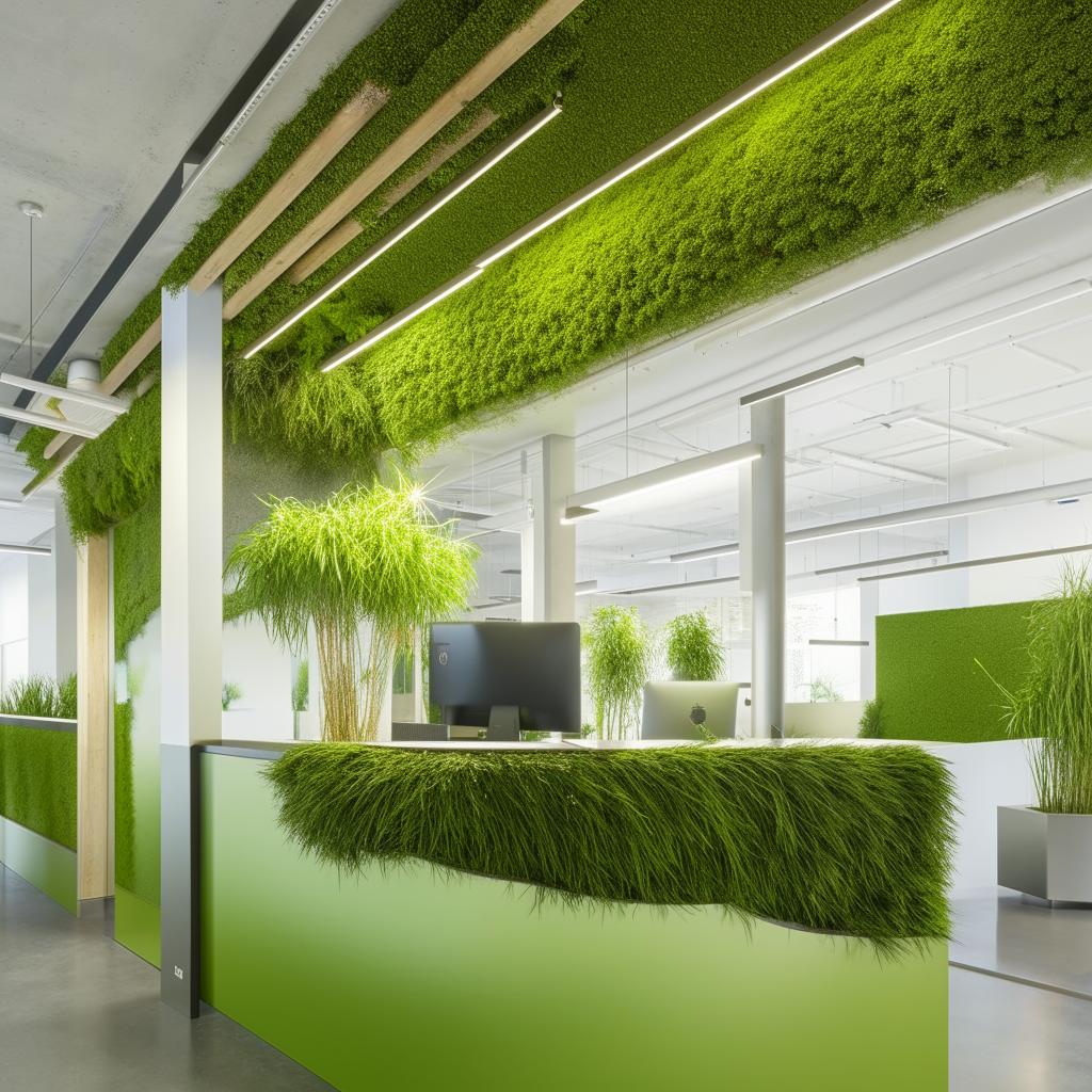 A modern tech company reception area infused with green elements and a view into an open office space.