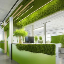 A modern tech company reception area infused with green elements and a view into an open office space.