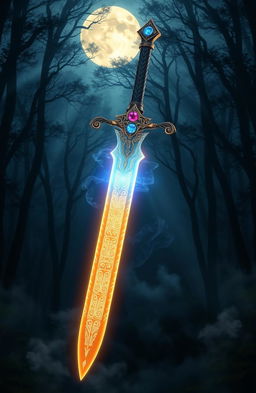 A majestic spiritual sword, glowing ethereally, with intricate designs along its blade that depict ancient runes and symbols of power