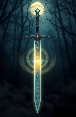 A majestic spiritual sword, glowing ethereally, with intricate designs along its blade that depict ancient runes and symbols of power