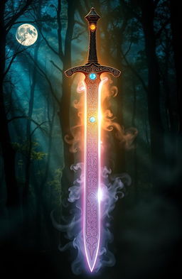 A majestic spiritual sword, glowing ethereally, with intricate designs along its blade that depict ancient runes and symbols of power