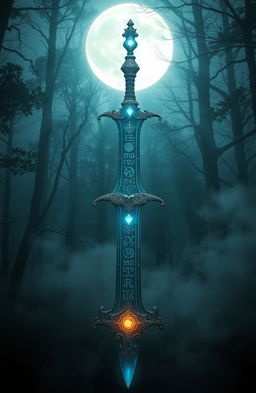 A majestic spiritual sword, glowing ethereally, with intricate designs along its blade that depict ancient runes and symbols of power