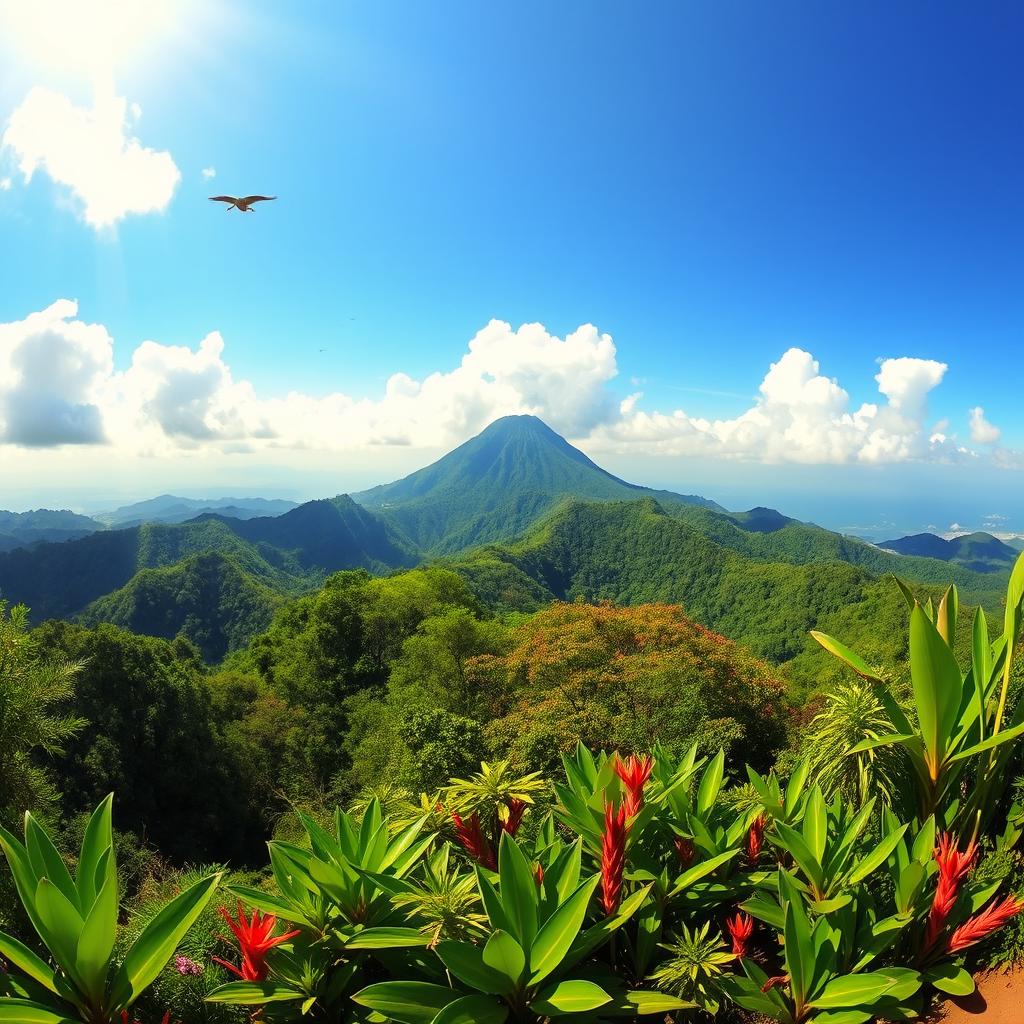 A panoramic view of Mount San Isidro Labrador, located in Pangasinan, Philippines, showcasing lush green slopes and vibrant trees under a bright blue sky with fluffy white clouds