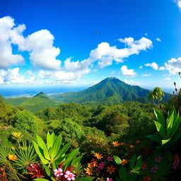 A panoramic view of Mount San Isidro Labrador, located in Pangasinan, Philippines, showcasing lush green slopes and vibrant trees under a bright blue sky with fluffy white clouds
