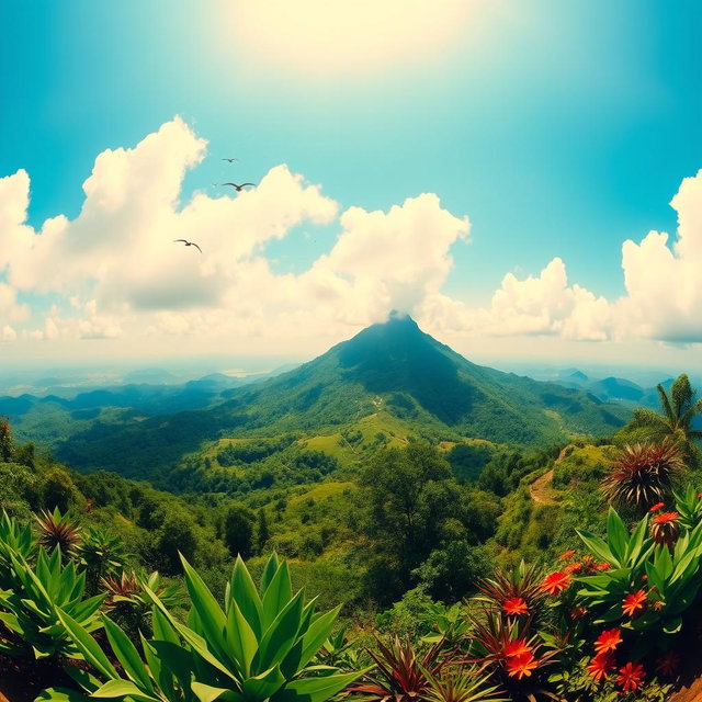 A panoramic view of Mount San Isidro Labrador, located in Pangasinan, Philippines, showcasing lush green slopes and vibrant trees under a bright blue sky with fluffy white clouds