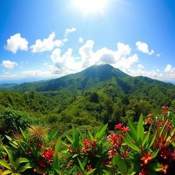 A panoramic view of Mount San Isidro Labrador, located in Pangasinan, Philippines, showcasing lush green slopes and vibrant trees under a bright blue sky with fluffy white clouds