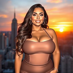 A voluptuous woman with large breasts, wearing a stylish and form-fitting outfit that accentuates her curves, standing confidently with a playful expression