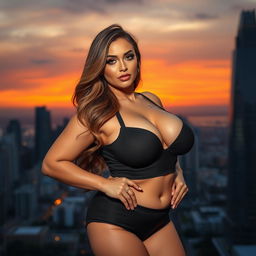 A voluptuous woman with large breasts, wearing a stylish and form-fitting outfit that accentuates her curves, standing confidently with a playful expression