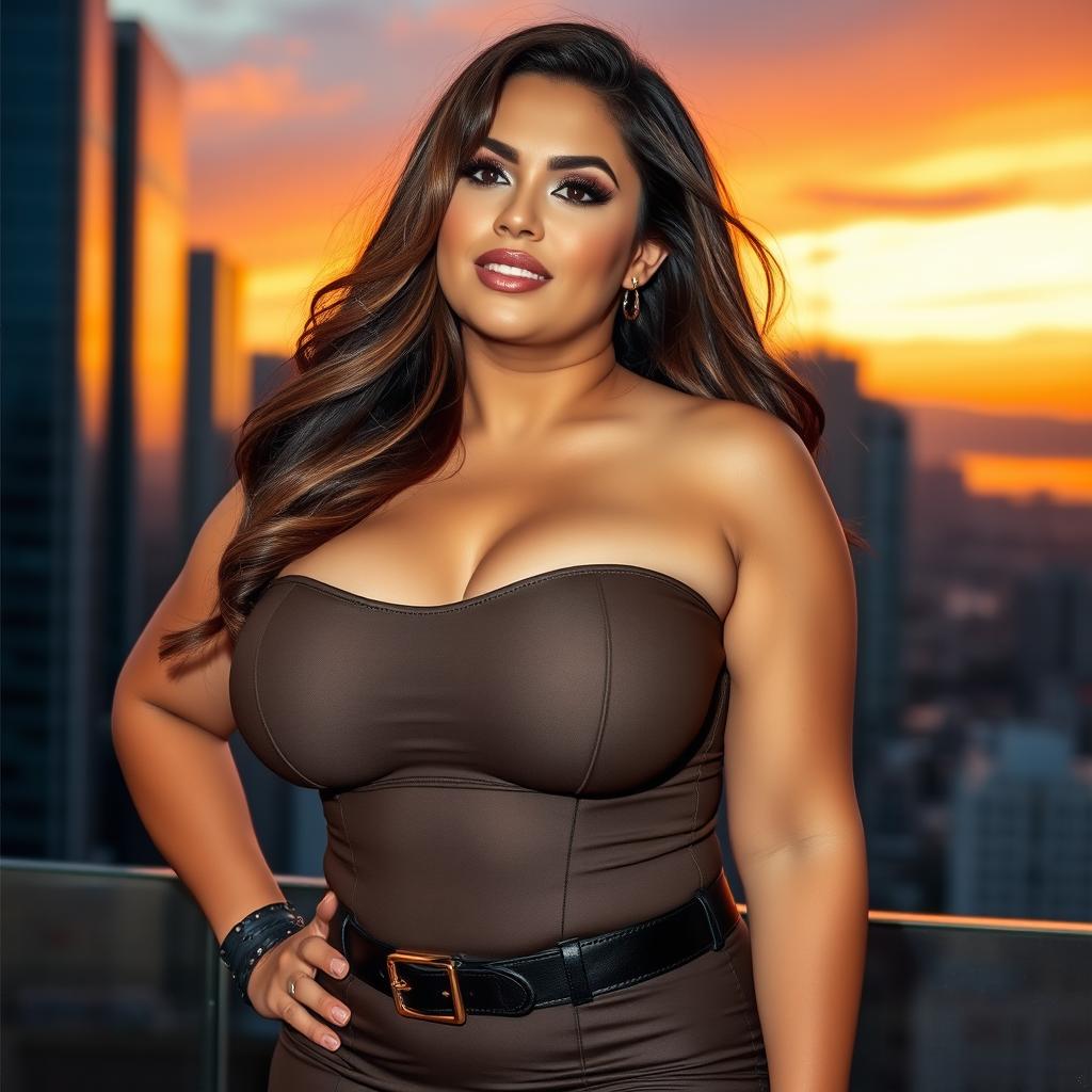 A voluptuous woman with large breasts, wearing a stylish and form-fitting outfit that accentuates her curves, standing confidently with a playful expression