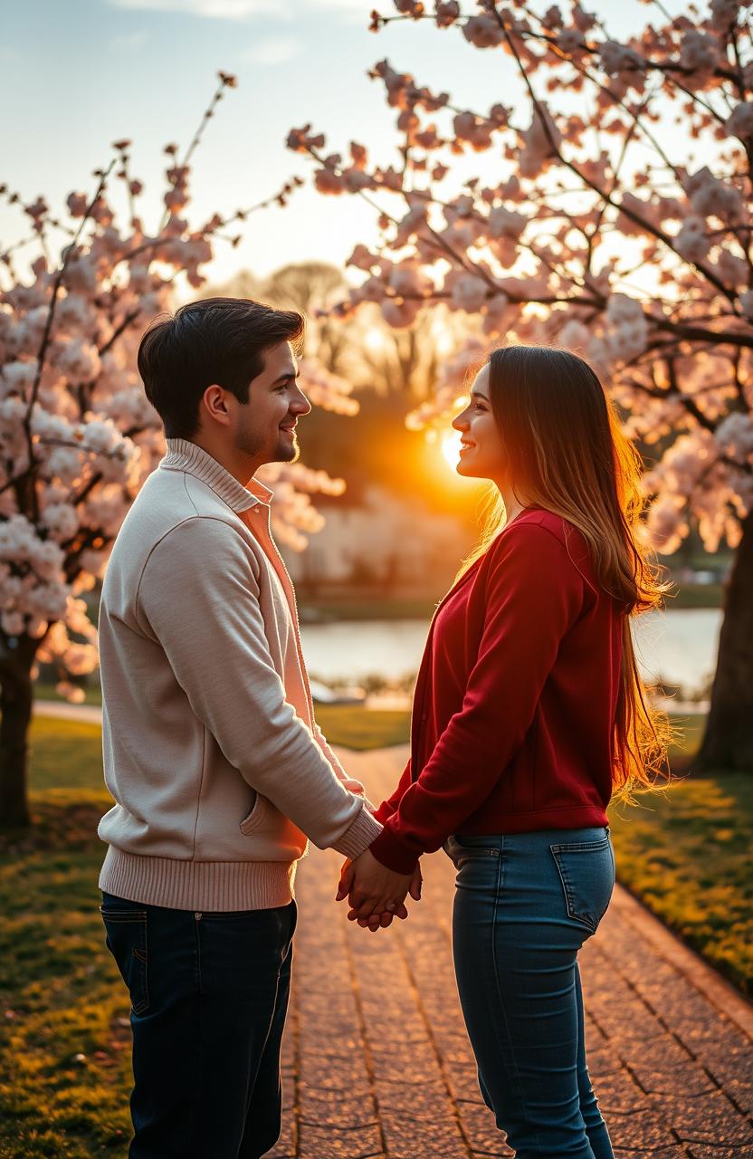 A beautiful romantic scene depicting two people in a picturesque park during golden hour