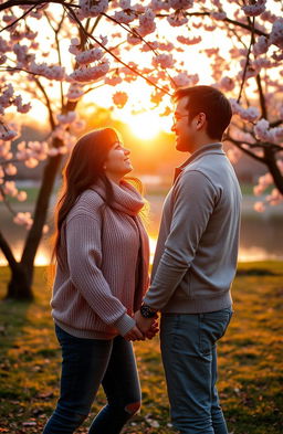 A beautiful romantic scene depicting two people in a picturesque park during golden hour