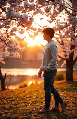 A beautiful romantic scene depicting two people in a picturesque park during golden hour