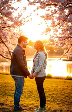 A beautiful romantic scene depicting two people in a picturesque park during golden hour