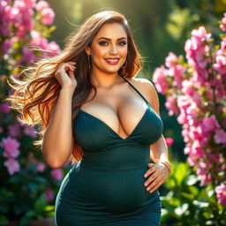 A voluptuous woman confidently posing with emphasis on her curves, showcasing her ample bosom in a stylish dress that complements her figure