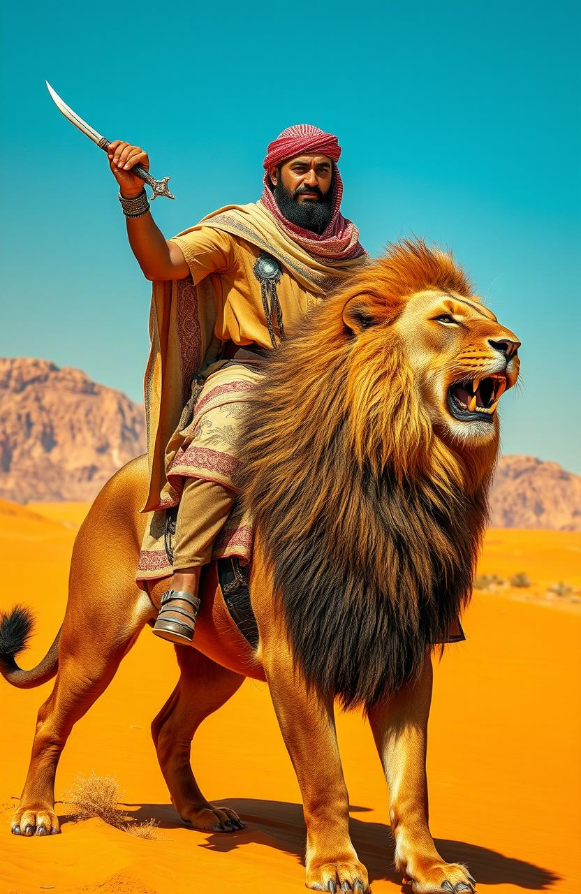 An Arab man dressed in traditional attire, with intricate patterns on his garments, confidently holding a gleaming double-edged sword