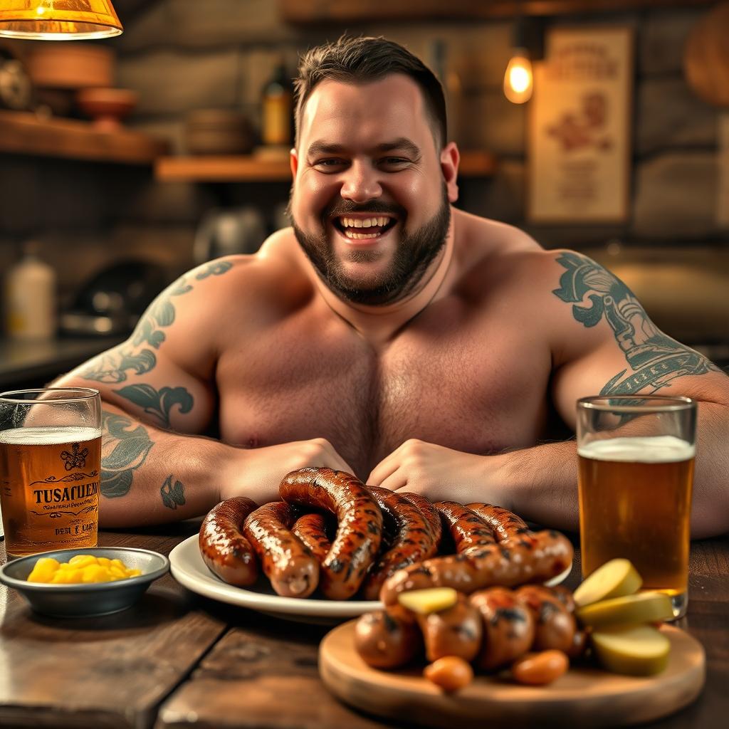 A large, muscular man happily enjoying a plate of sizzling sausages