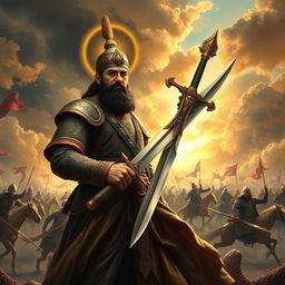 A detailed depiction of Hazrat Ali holding his legendary sword, Zulfiqar