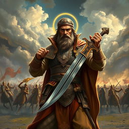 A detailed depiction of Hazrat Ali holding his legendary sword, Zulfiqar