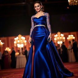 A stunning evening gown with an elegant silhouette, featuring a fitted bodice that flares out into a flowing skirt
