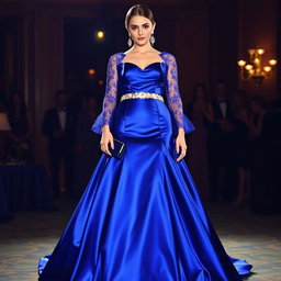 A stunning evening gown with an elegant silhouette, featuring a fitted bodice that flares out into a flowing skirt