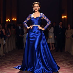 A stunning evening gown with an elegant silhouette, featuring a fitted bodice that flares out into a flowing skirt