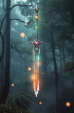 A mystical spiritual sword glowing with ethereal light, intricately designed with ancient symbols, hovering above a serene landscape