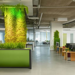 A modern tech company reception area infused with green elements and a view into an open office space.