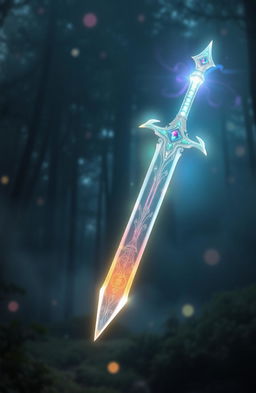 A mystical spiritual sword glowing with ethereal light, intricately designed with ancient symbols, hovering above a serene landscape
