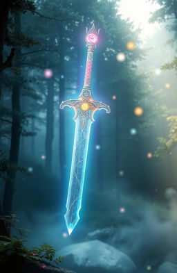 A mystical spiritual sword glowing with ethereal light, intricately designed with ancient symbols, hovering above a serene landscape