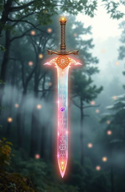 A mystical spiritual sword glowing with ethereal light, intricately designed with ancient symbols, hovering above a serene landscape