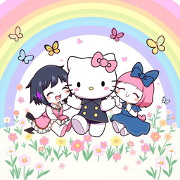 Hello Kitty, Kuromi, and Melody playfully gathered together, set against a vibrant pastel rainbow background
