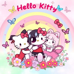 Hello Kitty, Kuromi, and Melody playfully gathered together, set against a vibrant pastel rainbow background
