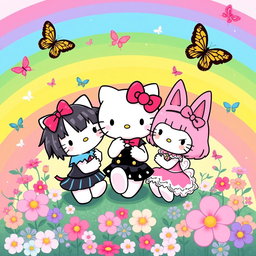 Hello Kitty, Kuromi, and Melody playfully gathered together, set against a vibrant pastel rainbow background