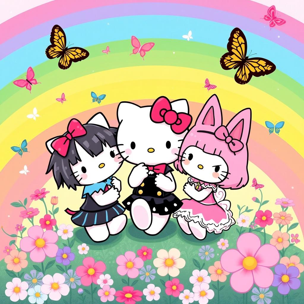 Hello Kitty, Kuromi, and Melody playfully gathered together, set against a vibrant pastel rainbow background