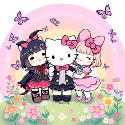 Hello Kitty, Kuromi, and Melody playfully gathered together, set against a vibrant pastel rainbow background