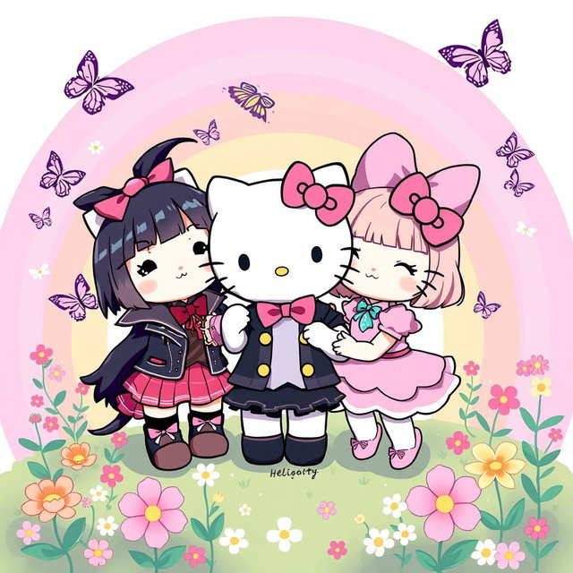 Hello Kitty, Kuromi, and Melody playfully gathered together, set against a vibrant pastel rainbow background