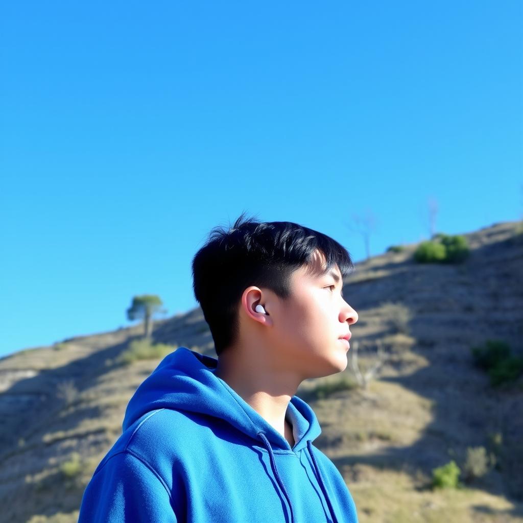 A young adult wearing a blue hoodie with a clear blue sky backdrop