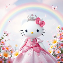Hello Kitty dressed as a princess, wearing a beautiful pink and white gown with intricate lace details and a sparkling tiara