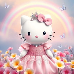 Hello Kitty dressed as a princess, wearing a beautiful pink and white gown with intricate lace details and a sparkling tiara
