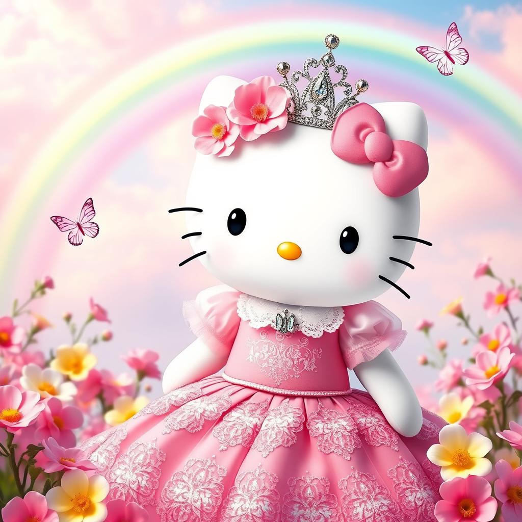 Hello Kitty dressed as a princess, wearing a beautiful pink and white gown with intricate lace details and a sparkling tiara