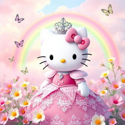 Hello Kitty dressed as a princess, wearing a beautiful pink and white gown with intricate lace details and a sparkling tiara